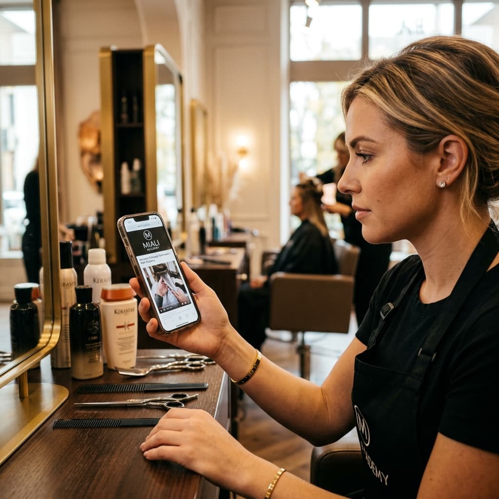 Beauty professional learning a new technique through Miali Academy on their phone